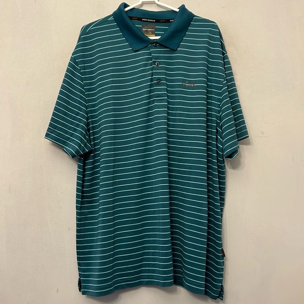 Greg Norman for Tasso Elba teal striped short sleeve golf shirt Size XXL EUC
